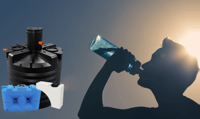 zbiorniki na wodę pitną widoczne na tle pijącego wodę mężczyzny